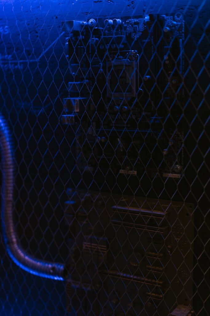 A close-up of a computer motherboard with glowing circuits, symbolizing data processing and technology.