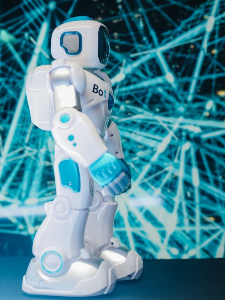 A sleek, modern robot pointing at a holographic interface displaying complex marketing analytics and charts.