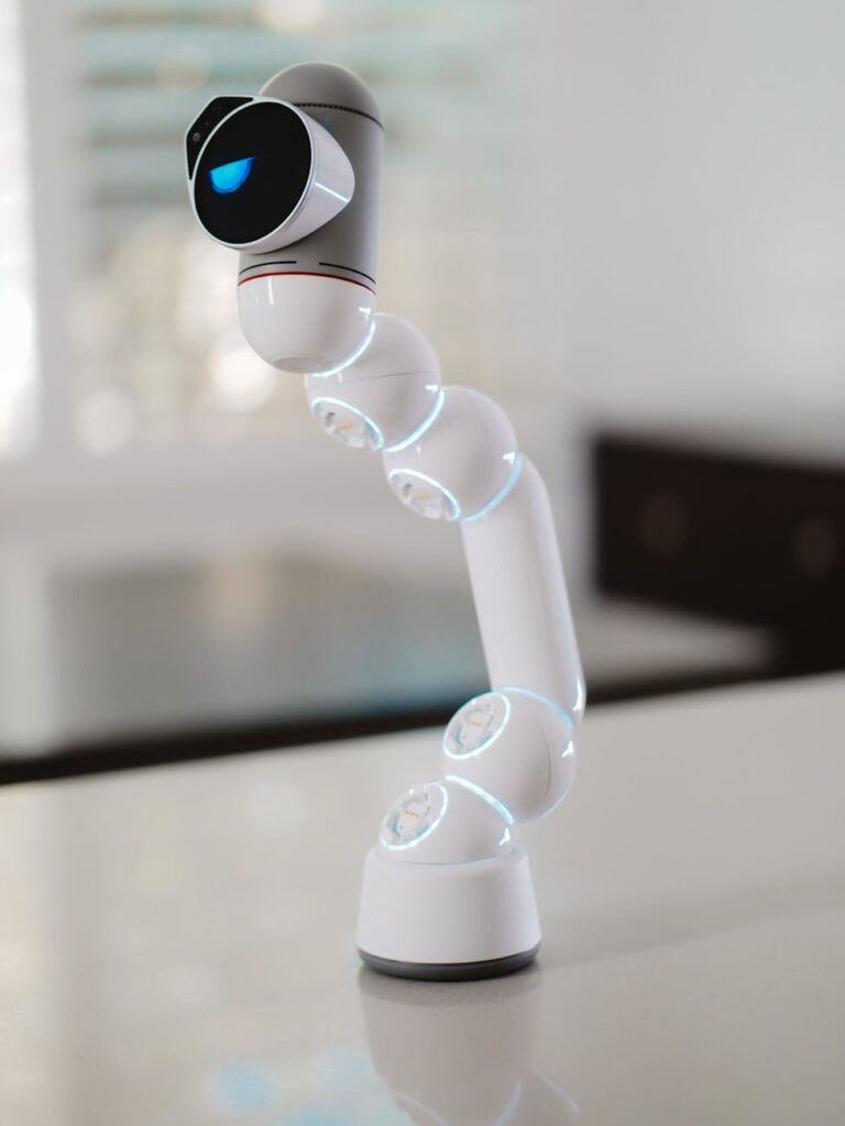An advanced humanoid robot analyzing a glowing digital interface, symbolizing the synergy of AI and big data.