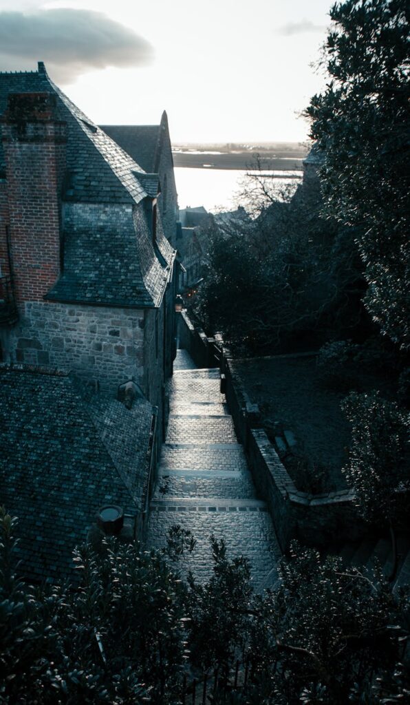 A tranquil, empty cobblestone street in a European city at dawn, with warm light casting long shadows.