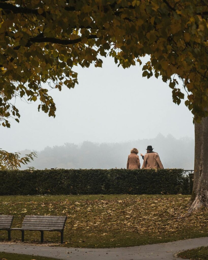 A person wearing a backpack sits peacefully on a wooden park bench, gazing out at a serene landscape.