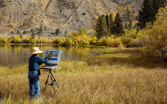 An artist with an easel painting a vibrant purple lavender field in Provence, France.