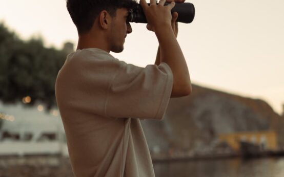 A traveler standing on a scenic overlook, using binoculars to watch birds in the distance.