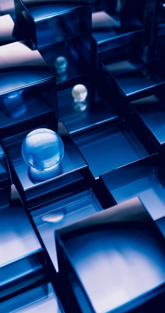 A sleek, futuristic server room with rows of racks illuminated by cool blue lights, symbolizing advanced computing hardware.