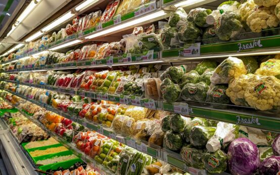 A grocery store aisle stacked high with colorful boxes and packages of processed foods.