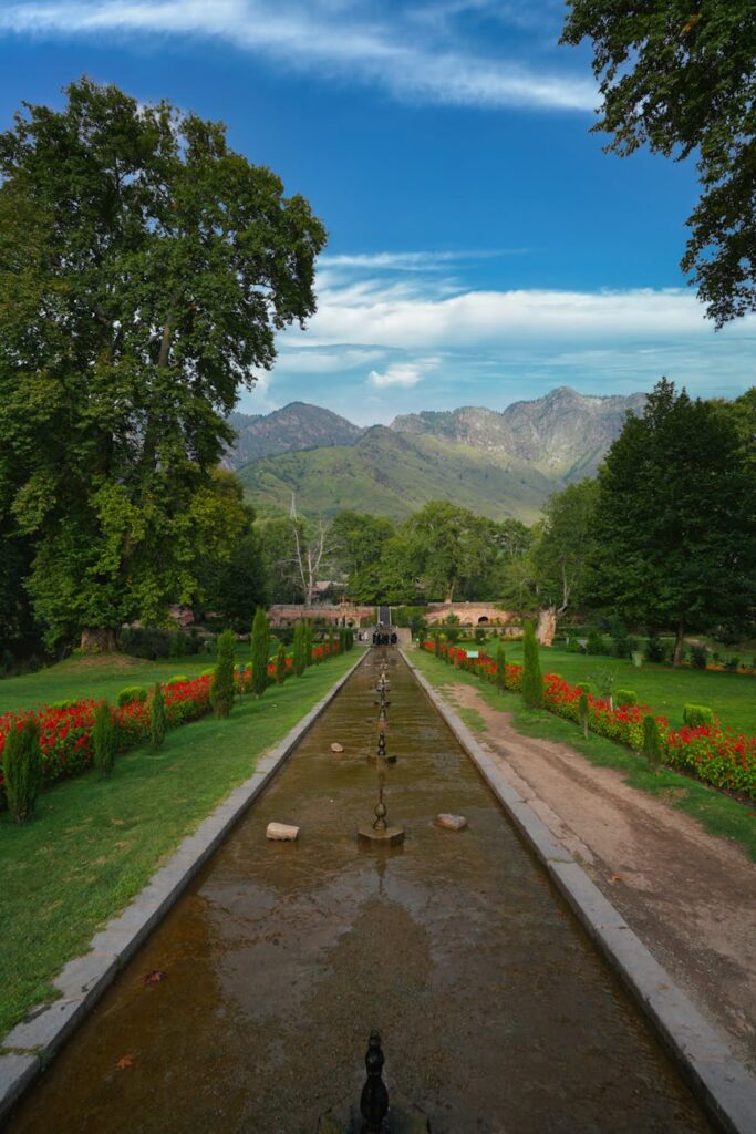 A detailed view of a marble water channel, or rill, flowing through a lush Mughal garden at the Taj Mahal.