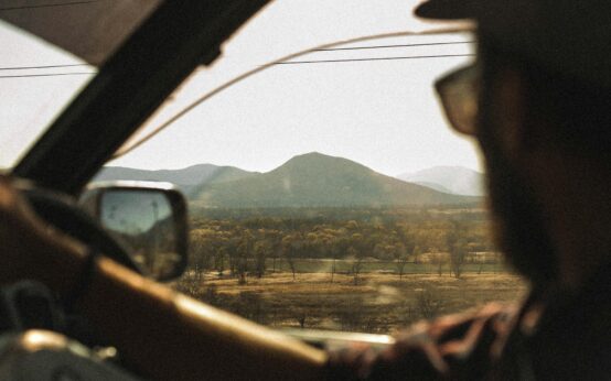 A traveler gazes out the window of a train at a passing green and mountainous landscape.