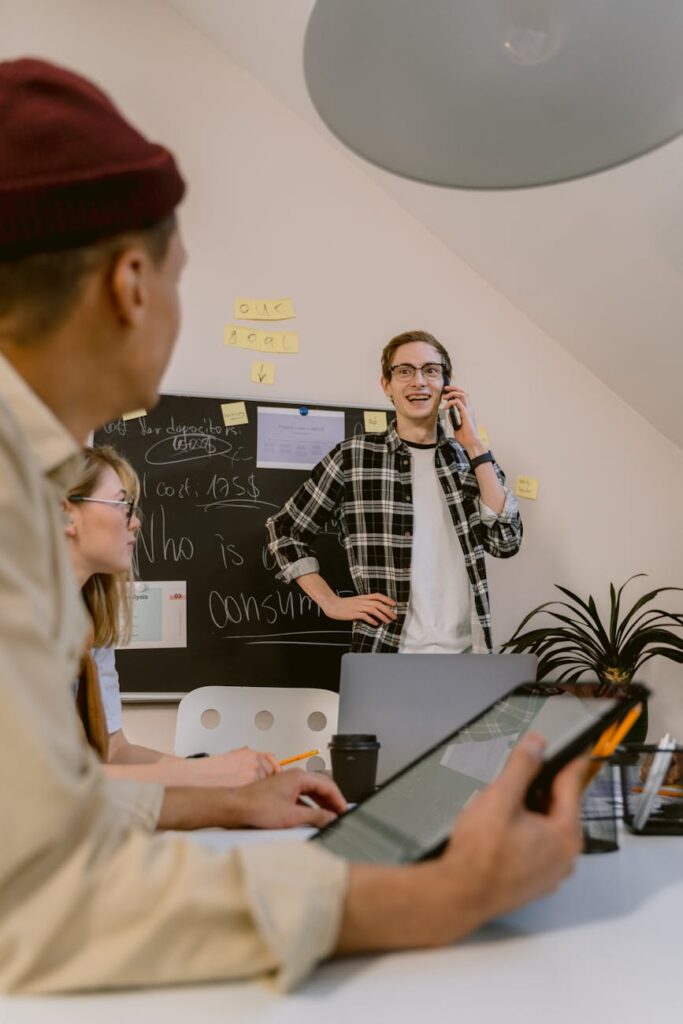 A detailed content creation workflow drawn as a flowchart on a whiteboard.