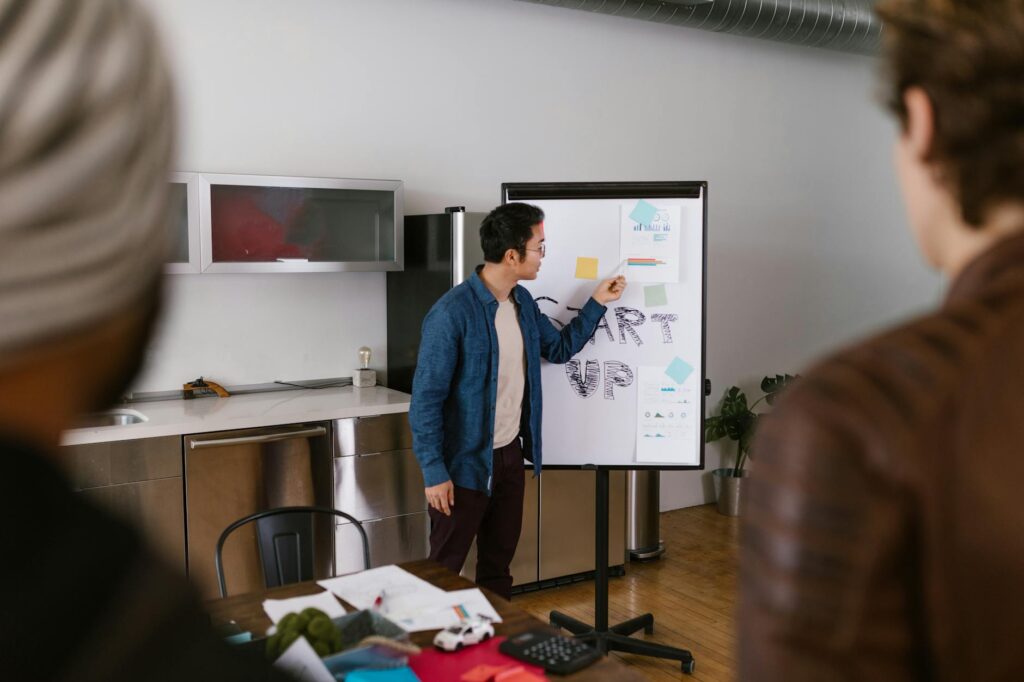 A diverse startup team collaborating around a whiteboard filled with a strategy canvas graph.