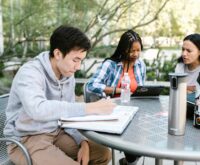 A diverse group of university students working together on laptops in a sunlit, modern library.