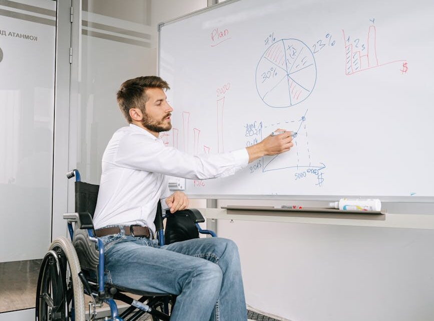 A business strategist explaining unit economics on a whiteboard covered in financial charts.