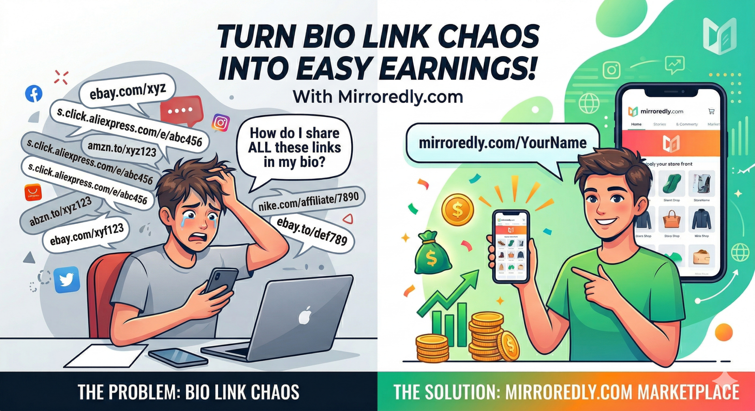 Struggling to share multiple affiliate links in your social media bio? Discover Mirroredly.com, the ultimate affiliate marketplace. Create your free profile, list your products, and start earning today!